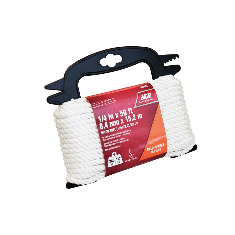 ACE CUERDA DE NAILON TORCIDO BLANCO DE 1/4 DE PULGADA X 50 PIES (0.64 CM X 15.24 M)
