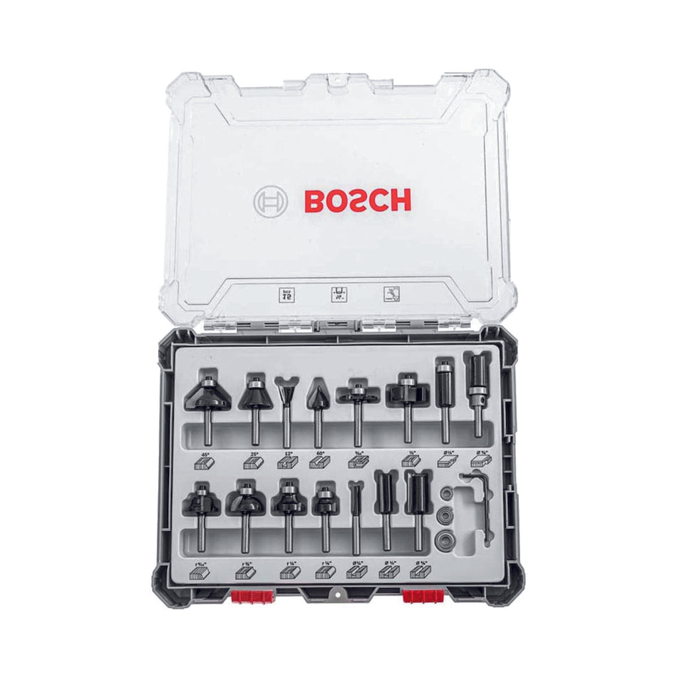 BOSCH SET DE FRESAS MEZCLADO ¼PULG VASTAGO 15 PIEZAS