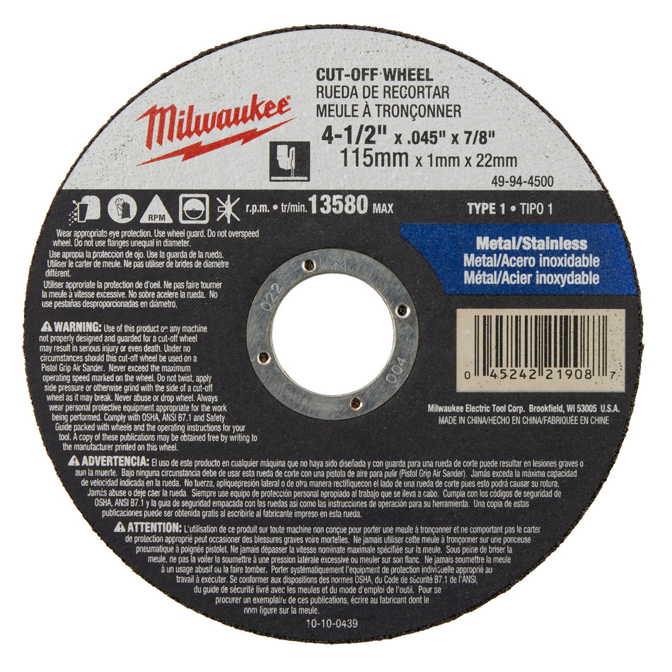 MILWAUKEE DISCO P/ CORTE METAL 4-1/2INX.045, ORIFICIO FLECHA 7/8IN, 13580 RPM, A60T, TIPO 1