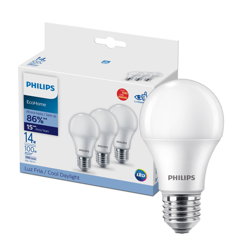 PHILIPS FOCO LED ECOHOME LUZ FRIA 14 WATTS 1310 LUMENS 3 PACK