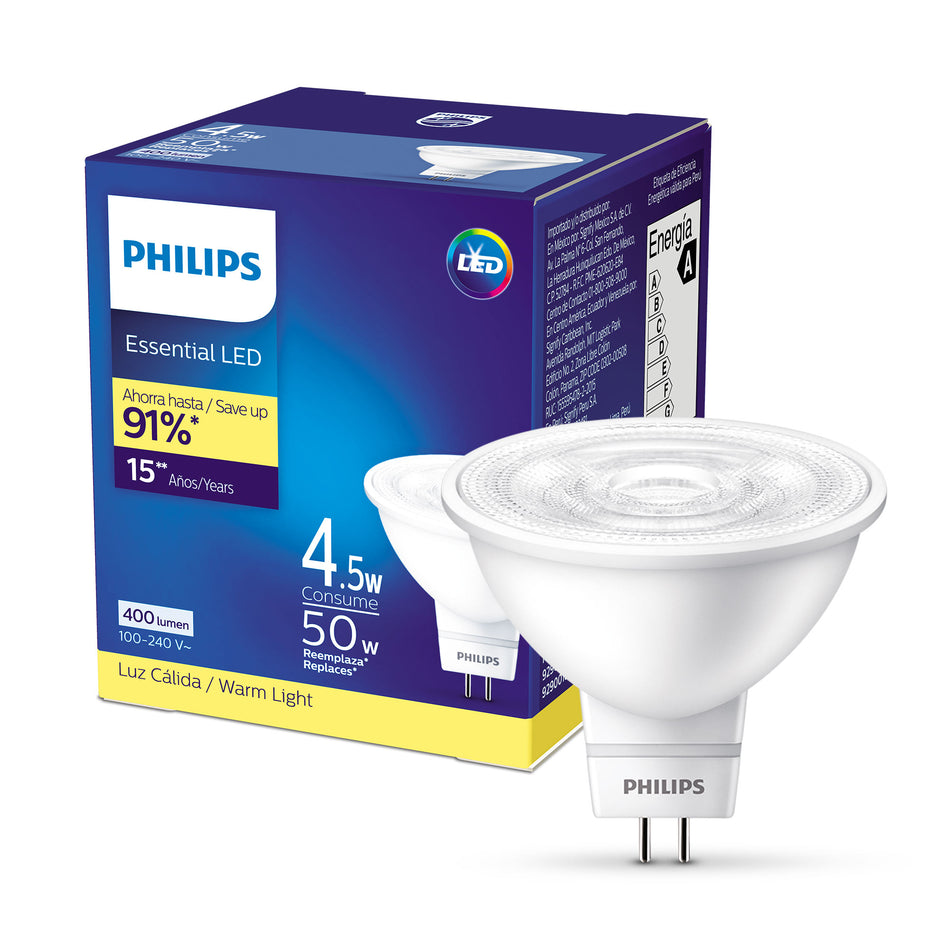 PHILIPS FOCO LED ESSENTIAL LUZ CALIDA MR16 4.5 WATTS