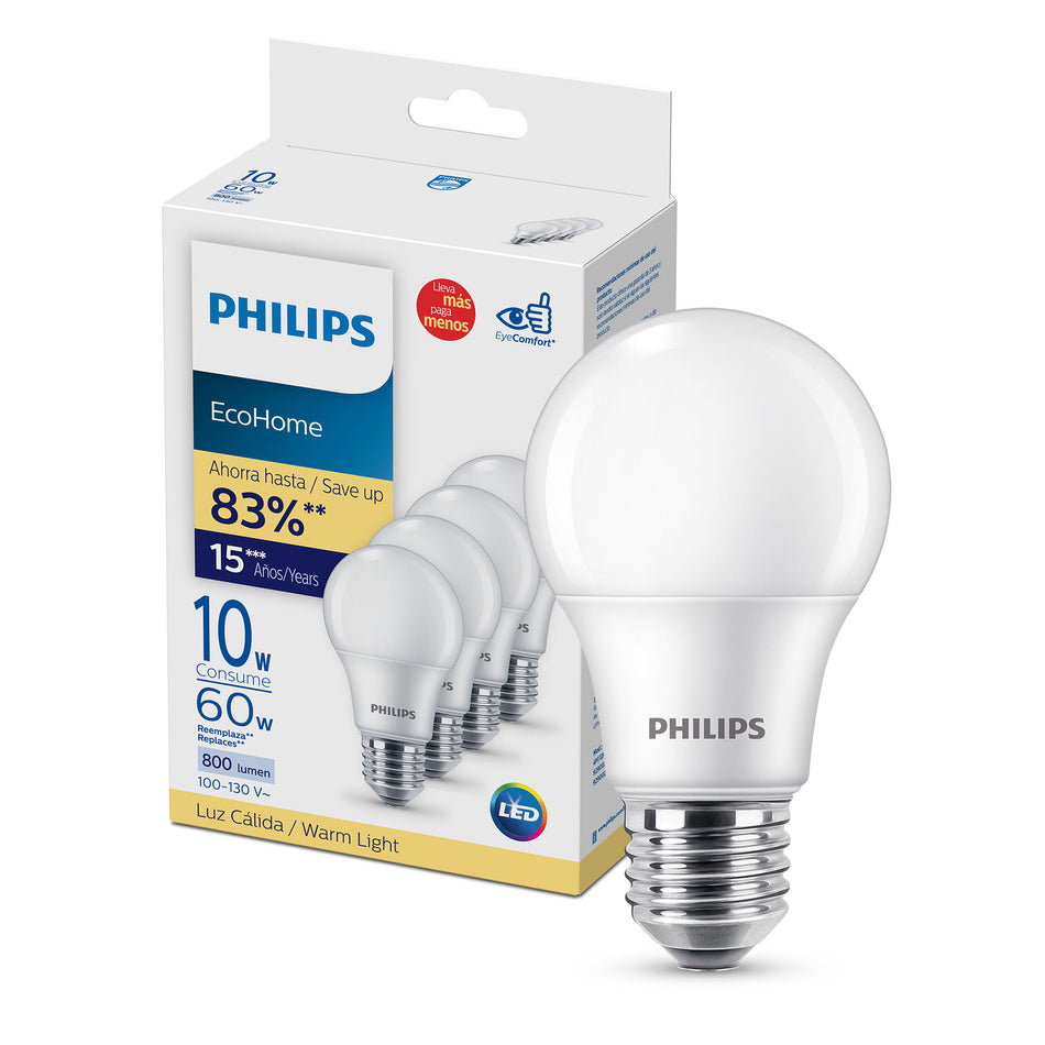 PHILIPS FOCO LED ECOHOME LUZ CALIDA A19 10 WATTS 4 PACK