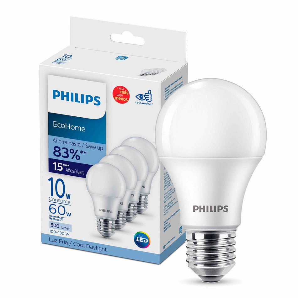PHILIPS FOCO LED ECOHOME LUZ FRIA A19 10 WATTS 4 PACK