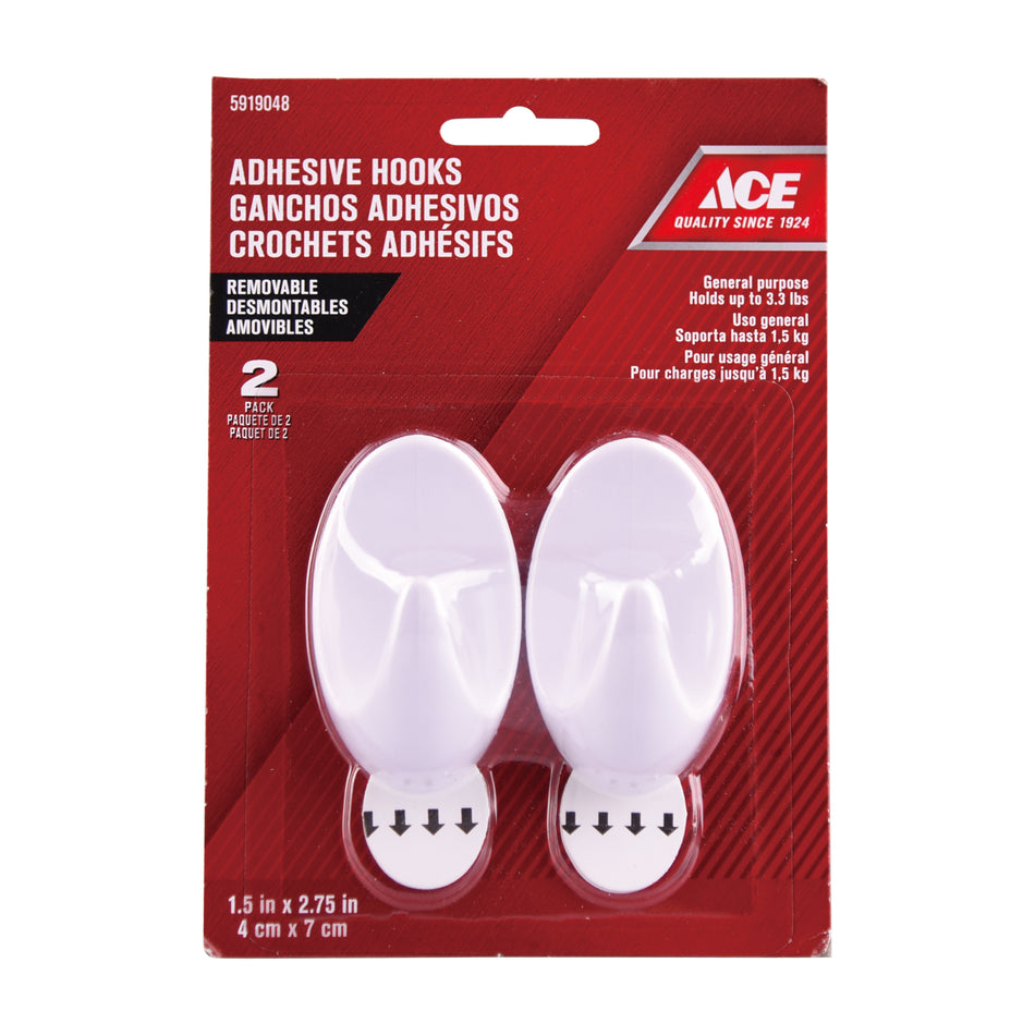 GANCHO ADHESIVO 2 PACK SOPORTA 1.5KG  4CM X 7CM (1.5IN X 2.75IN) BLANCO ACE