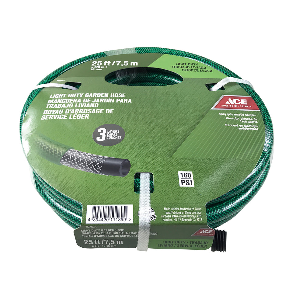 ACE MANGUERA DE JARDIN PARA USO LIGERO 25 PIES X 5/8 PULG. (7.6 M X 15.9 MM) ACOPLADOR DE PLASTICO